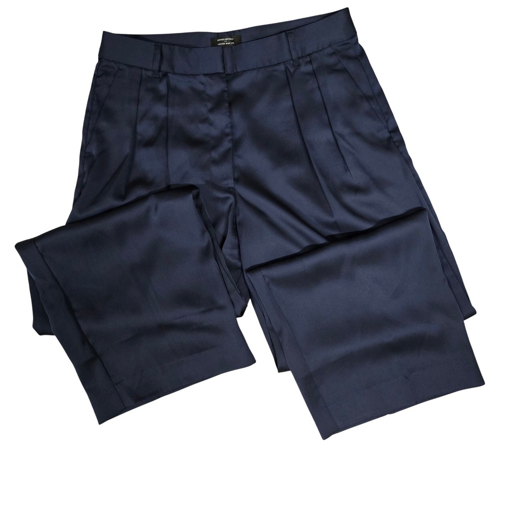 Banana Republic Pleated Wide Leg Trousers Navy‎ Blue Satin Pants Women's Size 12